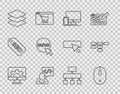 Set line Web development, Computer mouse, Monitor and mobile, Front end, Layers, UI UX design, Site map and icon. Vector Royalty Free Stock Photo