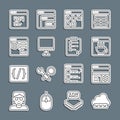 Set line Web development, Debugging, Software, Browser files, Computer monitor screen, setting, Page with 404 error and Royalty Free Stock Photo