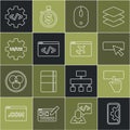 Set line Web development, Keyboard, UI or UX design, Computer mouse, Front end, and Website template icon. Vector Royalty Free Stock Photo