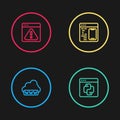 Set line Web development, Python programming language, Software and Browser with exclamation mark icon. Vector Royalty Free Stock Photo