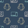 Set line Website and envelope, Headphones and Monitor and phone on seamless pattern. Vector