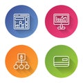 Set line Website with growth graph, Computer, Blockchain technology Bitcoin and Credit card. Color circle button. Vector Royalty Free Stock Photo