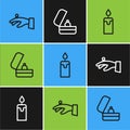 Set line Wedding rings on hand, Burning candle and icon. Vector