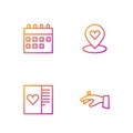 Set line Wedding rings on hand, Postcard with heart, Calendar and Location. Gradient color icons. Vector