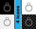 Set line Wedding rings icon isolated on black and white, transparent background. Bride and groom jewelry sign. Marriage Royalty Free Stock Photo