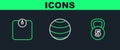 Set line Weight, Bathroom scales and Fitness ball icon. Vector