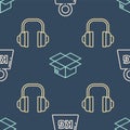 Set line Weight, Headphones and Carton cardboard box on seamless pattern. Vector