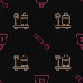 Set line Weight, Scale with suitcase and Measuring spoon on seamless pattern. Vector