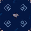 Set line Welding torch, Blacksmith anvil tool and Classic iron fence on seamless pattern. Vector