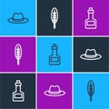 Set line Western cowboy hat, Tabasco sauce and Indian feather icon. Vector