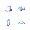 Set line Western cowboy hat, Tooth, Cowboy boot and Spur. Gradient color icons. Vector Royalty Free Stock Photo