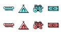 Set line Western stagecoach, Kayak or canoe and paddle, Indian teepee or wigwam and Stacks paper money cash icon. Vector