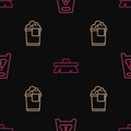 Set line Wet floor, Bucket with foam and Brush for cleaning on seamless pattern. Vector Royalty Free Stock Photo