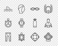 Set line Wetsuit for scuba diving, Aqualung, Glasses swimming, Turtle, Shark, Diving watch, Lifebuoy and icon. Vector