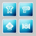 Set line Wetsuit for scuba diving, Flashlight diver, Aqualung and Photo camera icon. Vector