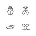 Set line Whale tail, Inflatable boat with motor, Yacht sailboat and Crossed oars paddles icon. Vector Royalty Free Stock Photo