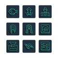 Set line Whale tail in ocean wave, Eel fish, Canned, Fisherman, steak, and Octopus on plate icon. Vector