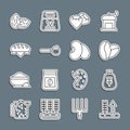 Set line Wheat, Bag of flour, Coffee beans, Seed, Measuring cup with, Bread loaf, and Beans icon. Vector Royalty Free Stock Photo