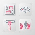 Set line Wheat, Sausage on the fork, Dried fish and Beer menu icon. Vector Royalty Free Stock Photo