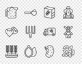 Set line Wheat, Seed, Flour pack, Pumpkin seeds, Measuring cup, Garden pitchfork, and Windmill icon. Vector