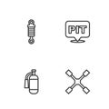 Set line Wheel wrench, Fire extinguisher, Shock absorber and Pit stop icon. Vector