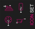 Set line Wheelbarrow, Tree, and Garden hose or fire hose icon. Vector Royalty Free Stock Photo
