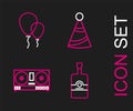 Set line Whiskey bottle, DJ remote for playing and mixing music, Party hat and Balloons with ribbon icon. Vector