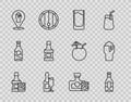 Set line Whiskey bottle and glass, Beer, Shot, Champagne, Alcohol or beer bar location, and Glass of icon. Vector