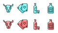 Set line Whiskey bottle and glass, Buffalo skull, Playing cards and Whiskey bottle icon. Vector