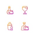 Set line Whiskey bottle and glass, Cocktail shaker, and Wine. Gradient color icons. Vector