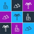 Set line Whiskey bottle and glass, Tropical palm tree and Egypt pyramids icon. Vector