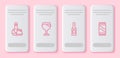 Set line Whiskey bottle and glass, Wine, Champagne and Beer can. White rectangle button. Vector Royalty Free Stock Photo