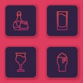 Set line Whiskey bottle and glass, Wine, Shot and Glass of beer. Blue square button. Vector