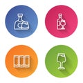Set line Whiskey bottle and glass, Wine with, Shot and . Color circle button. Vector