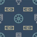 Set line Whiskey bottle, Stacks paper money cash and Old wooden wheel on seamless pattern. Vector