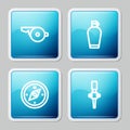Set line Whistle, Canteen water bottle, Compass and Torch flame icon. Vector Royalty Free Stock Photo