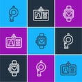 Set line Whistle, Smart watch and Identification badge icon. Vector