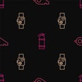 Set line Whistle, Smart watch showing heart beat rate and Aqualung on seamless pattern. Vector