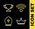 Set line Wi-Fi wireless network, Crown, Pope hat and Trophy cup icon. Vector