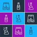 Set line Wide pants, Glass bong for smoking marijuana and Beer bottle icon. Vector