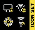 Set line Wifi locked, Electric scooter, Time Management and Lock on monitor icon. Vector