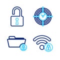 Set line Wifi locked, Folder and, Time Management and Open padlock icon. Vector