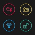 Set line Wifi locked, Open padlock, Credit card with and Folder and icon. Vector Royalty Free Stock Photo