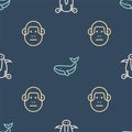 Set line Wild boar head, Monkey and Whale on seamless pattern. Vector