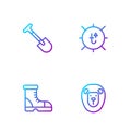 Set line Wild lion, Hunter boots, Shovel and Sun. Gradient color icons. Vector Royalty Free Stock Photo