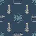 Set line Wild west covered wagon, Banjo and Revolver cylinder on seamless pattern. Vector