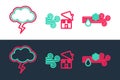 Set line Wind and rain with snow, Storm and Tornado swirl icon. Vector