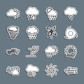 Set line Wind and rain, sun, Tornado, Cloud with snow,, Cloudy and Pinwheel icon. Vector
