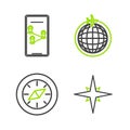 Set line Wind rose, Compass, Globe with flying plane and Infographic of city map navigation icon. Vector