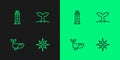 Set line Wind rose, Whale, Lighthouse and tail icon. Vector